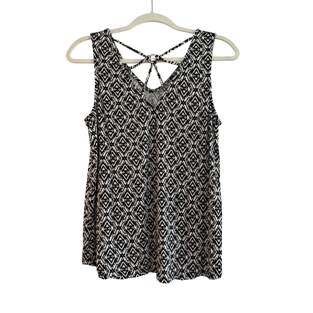 Paper Moon Womens Black White Geometric Ikat Diamond Strappy‎ Cage Back Tank Top